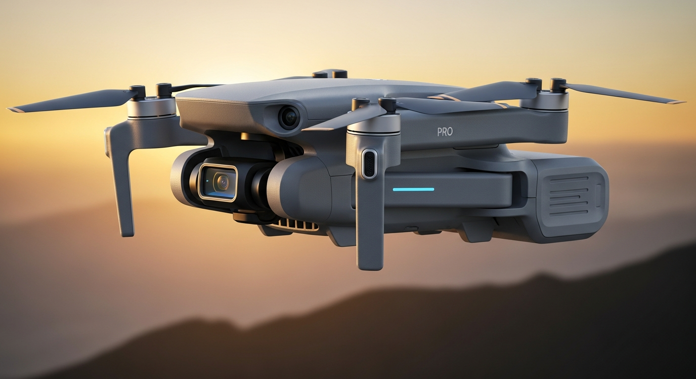 DJI Mini 5 Pro drone flying over turquoise ocean water with orange accent propellers